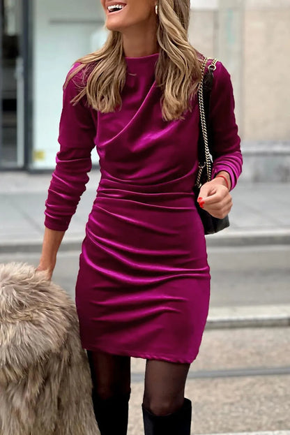 Pitaya Pink Velvet Mock Neck Ruched Long Sleeve Bodycon Dress - Chic Meadow Boutique 