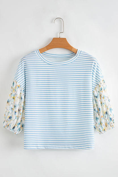 Sky Blue Stripe Floral Three Quarter Sleeves Patchwork Drop Shoulder Top