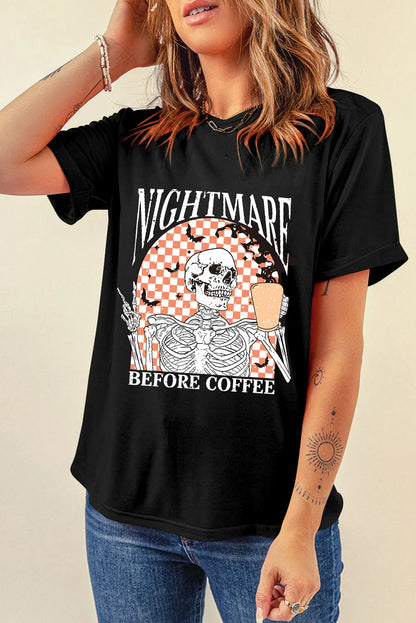 Black Nightmare Before Coffee Skull Checkerboard Graphic Halloween Tee - Chic Meadow Boutique 