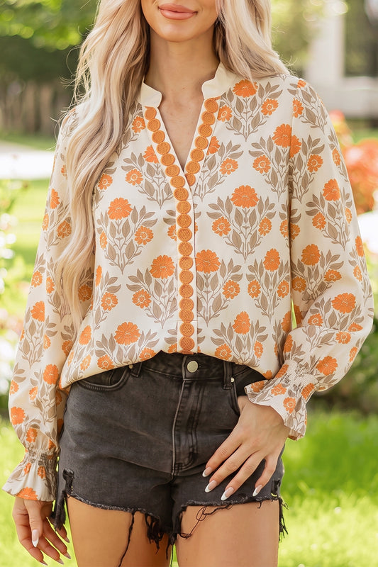 Orange Floral Print Contrast Detail V Neck Long Sleeve Blouse