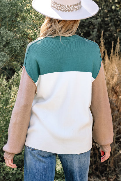 Green Color Block Plain Ribbed Knit Baggy Sweater