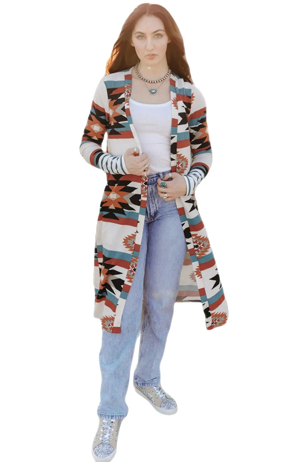 Multicolor Geometric Color Block Open Front Long Cardigan - Chic Meadow Boutique 