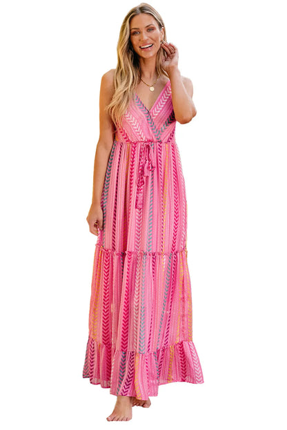 Pink Western Printed Tassel Tie V Neck Wrap Maxi Dress - Chic Meadow Boutique 