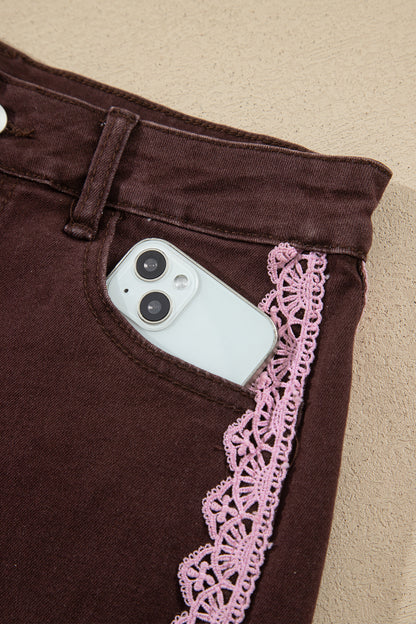 Coffee Lace Trim Casual Full-Length Regular Fit Jeans