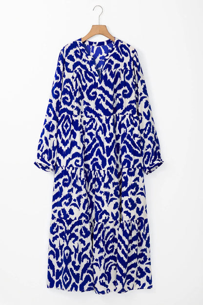 Blue Western Abstract Geometric Printed Maxi Dress - Chic Meadow Boutique 