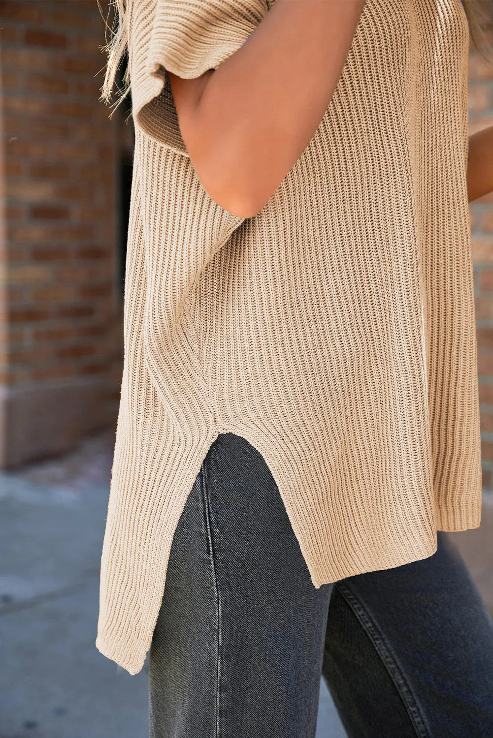 Tops/Short Sleeve Sweaters Apricot Short Sleeve Side Slit Oversized Sweater