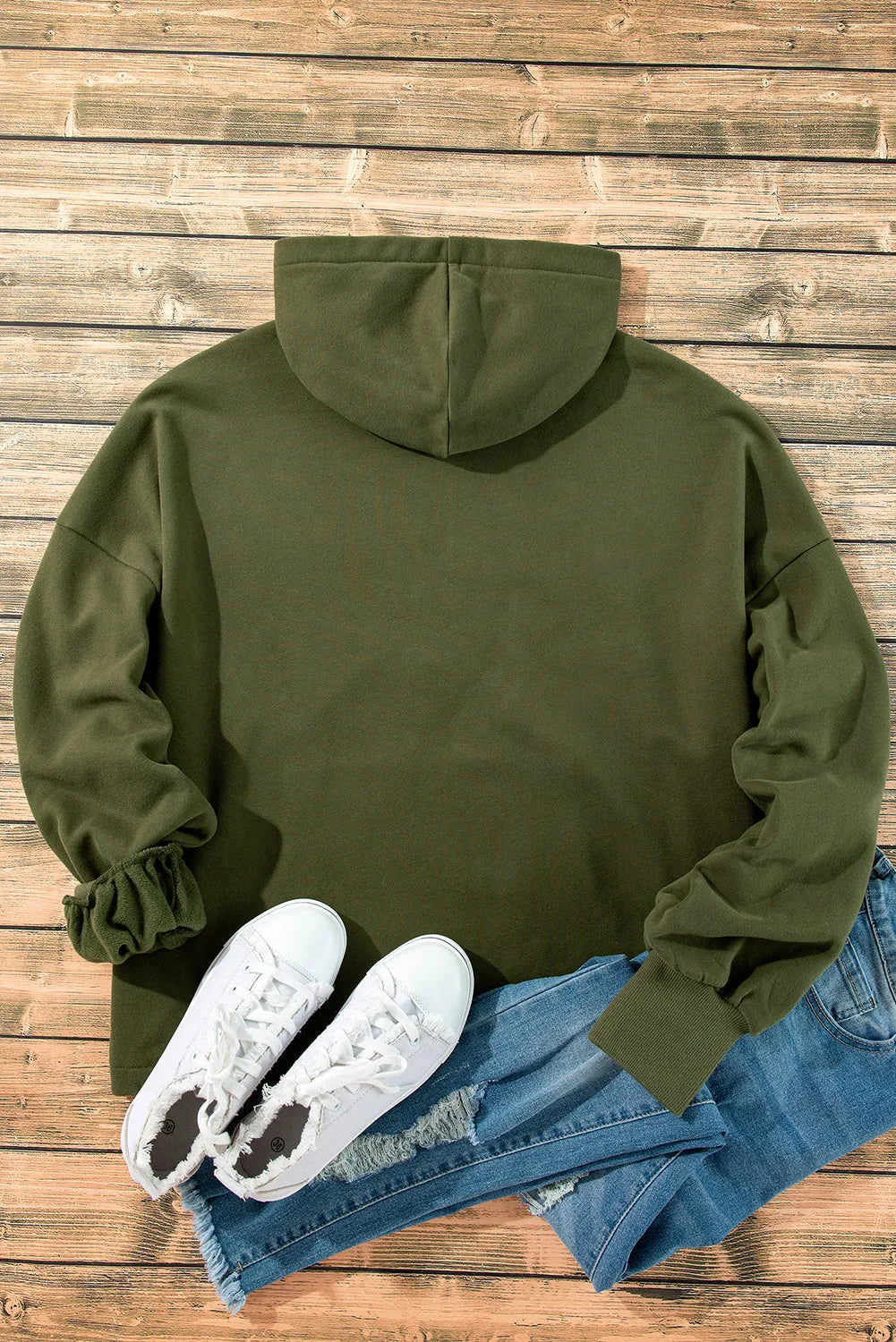 Moss Green Fleece Lined Half Zipper Kangaroo Pockets Loose Hoodie - Chic Meadow Boutique 