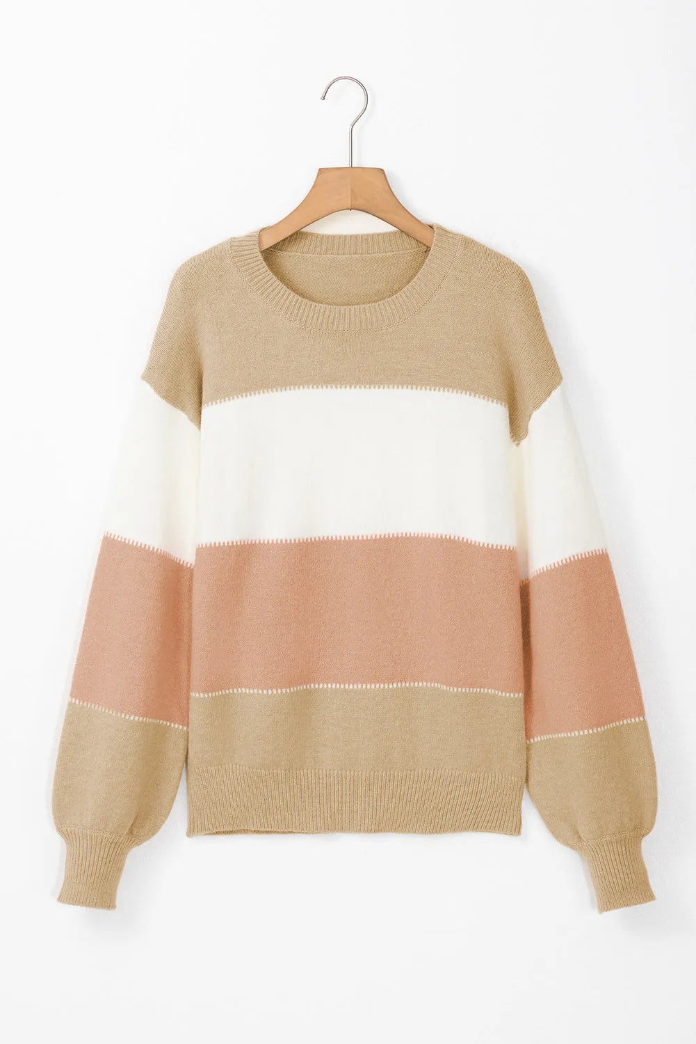 Dusty Pink Color Block Lantern Sleeve Drop Shoulder Sweater - Chic Meadow Boutique 