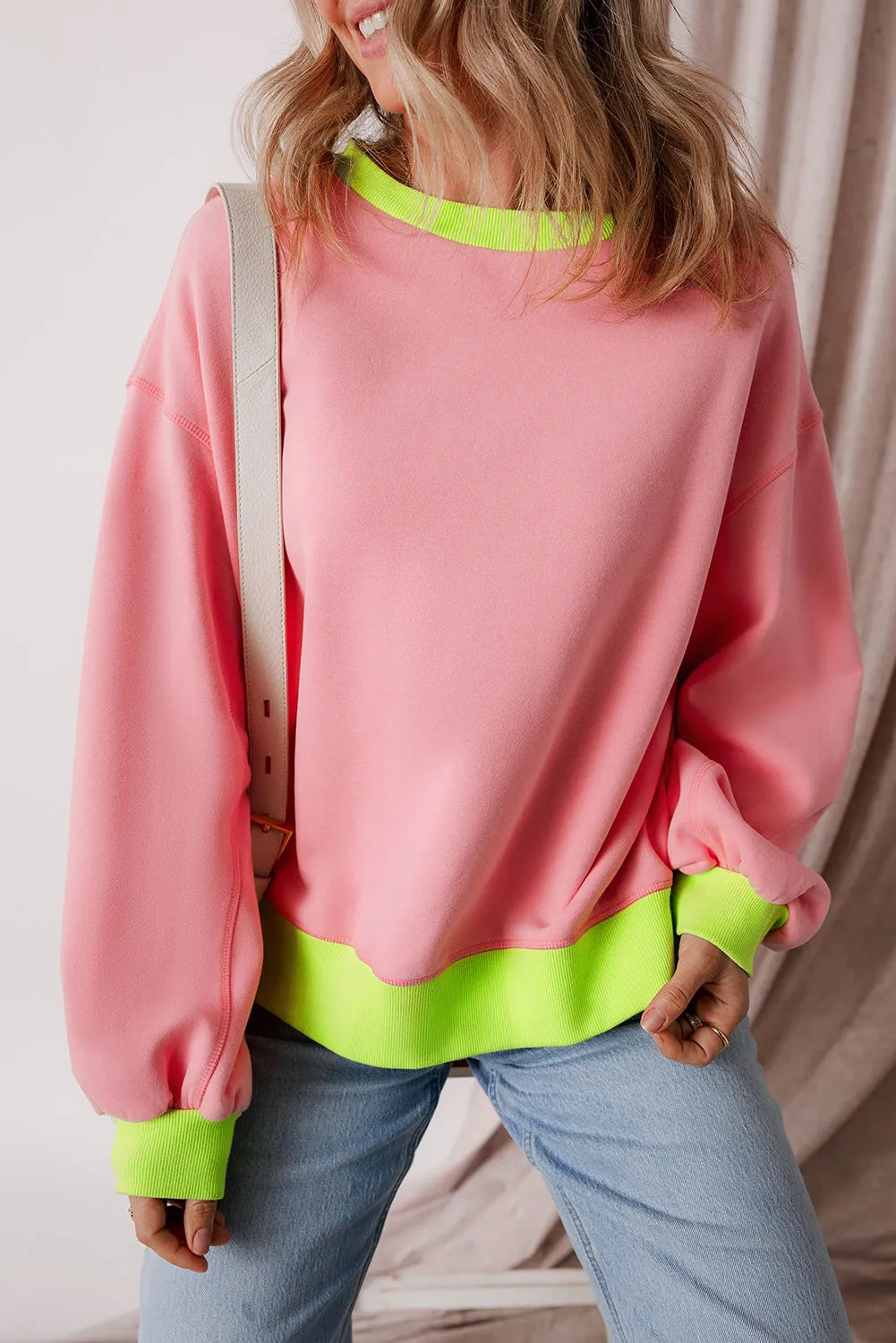 Pink Colorblock Bubble Sleeve Sweatshirt - Chic Meadow Boutique 