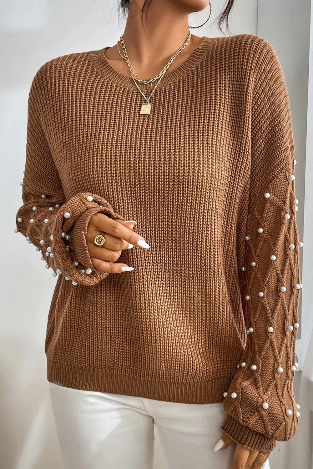 Chestnut Beaded Drop Shoulder Round Neck Sweater - Chic Meadow Boutique 