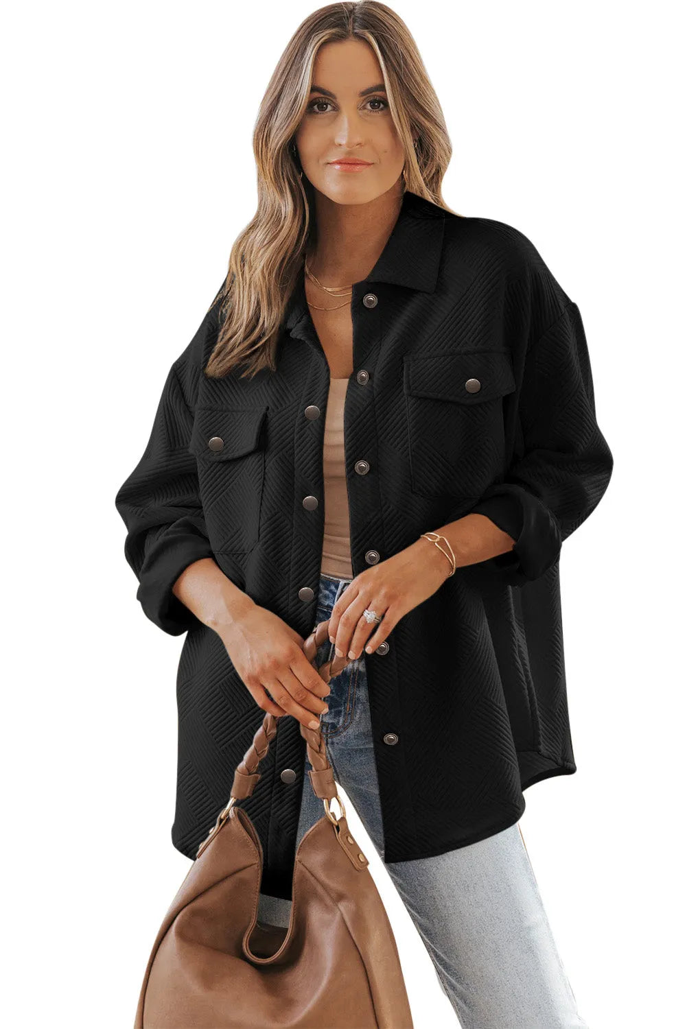 Black Solid Textured Flap Pocket Buttoned Shacket - Chic Meadow Boutique 