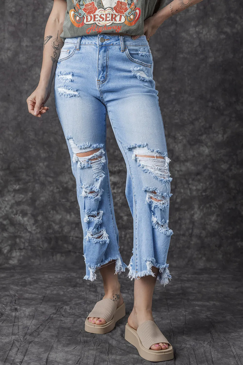 Sky Blue Heavy Destroyed High Waist Jeans - Chic Meadow Boutique 