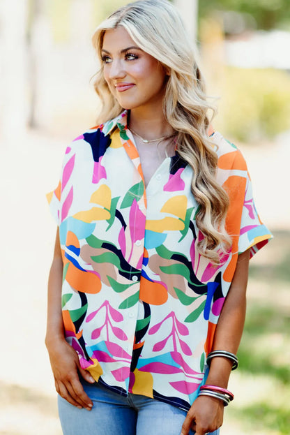 Multicolour Abstract Leafy Print Short Sleeve Shirt - Chic Meadow Boutique 