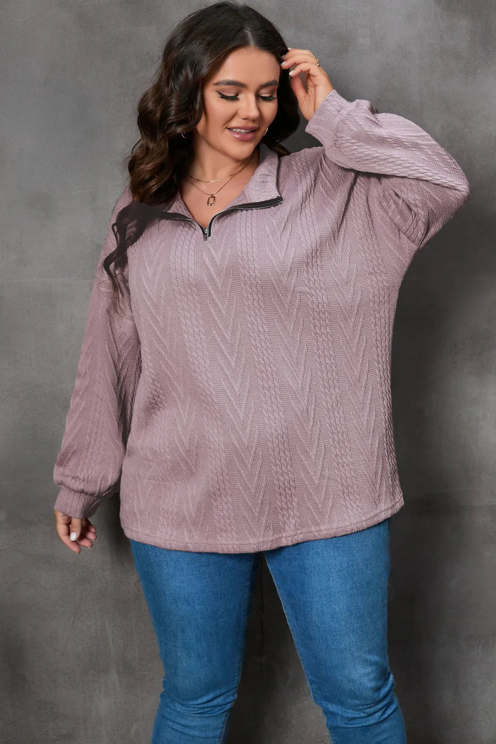 Plus Size Textured Knit Zip Neck Pullover - Chic Meadow Boutique 