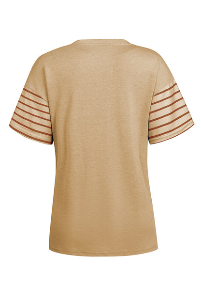 Tan Color Block Striped Detail Loose T Shirt