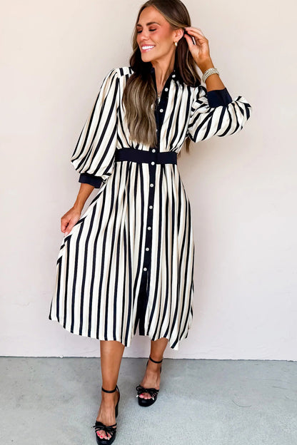 Black Stripe 3/4 Puff Sleeve Shirt Style Button Down Midi Dress