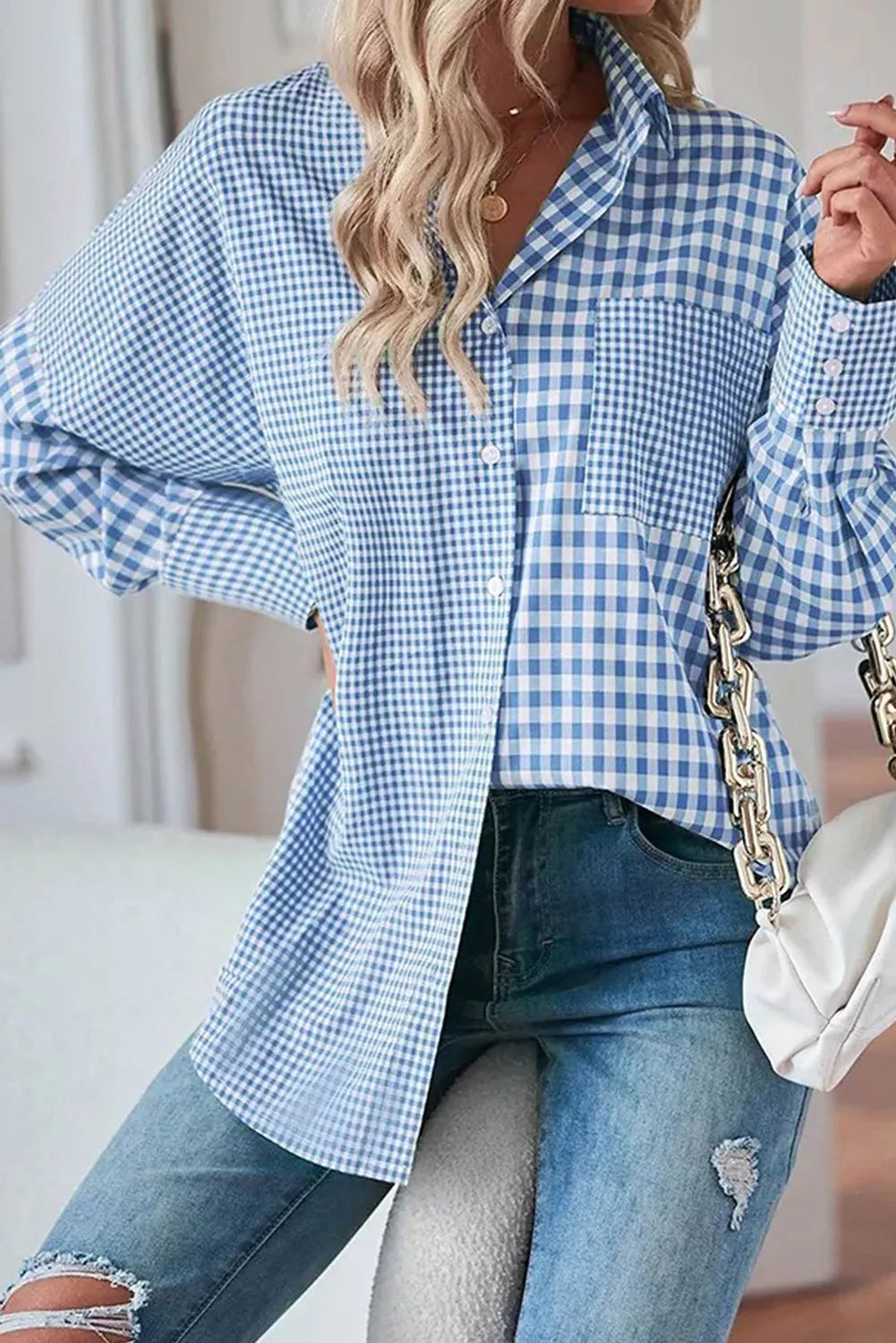 Sky Blue Stripe Plaid Patchwork Button up Long Sleeve Shirt - Chic Meadow Boutique 