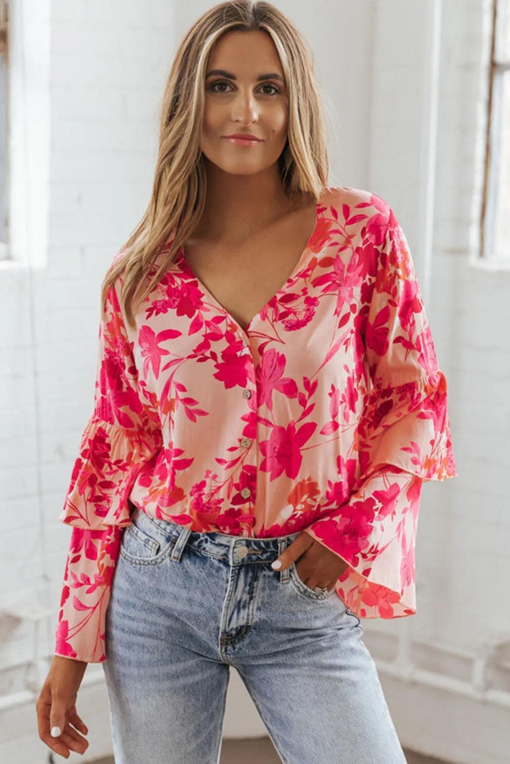 Tops/Bodysuits Pink Floral Print Tiered Bell Long Sleeve Buttoned Bodysuit