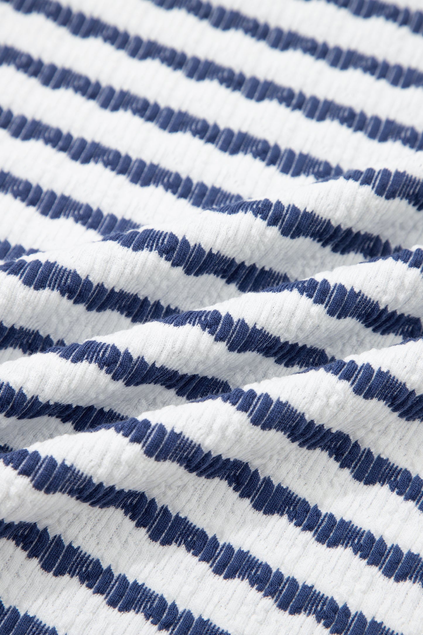 Blue Stripe Textured Knit Split Hem Half Sleeve Loose Top