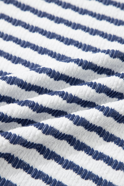 Blue Stripe Textured Knit Split Hem Half Sleeve Loose Top