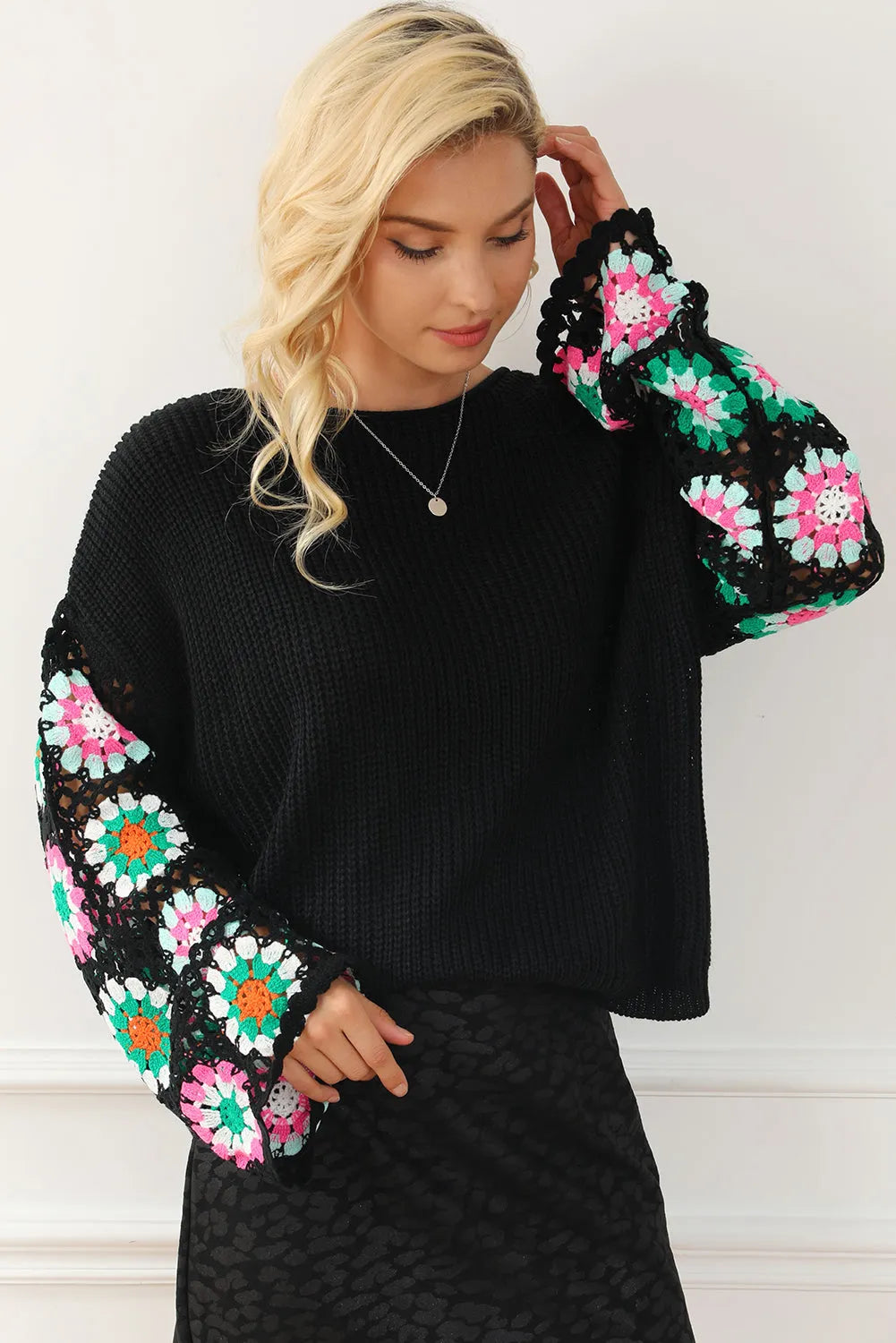 Black Floral Crochet Bell Sleeve Loose Sweater - Chic Meadow Boutique 