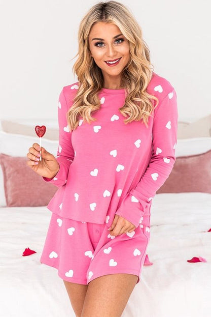 Pink Valentine Heart Print Long Sleeve Tee and Shorts Lounge Set