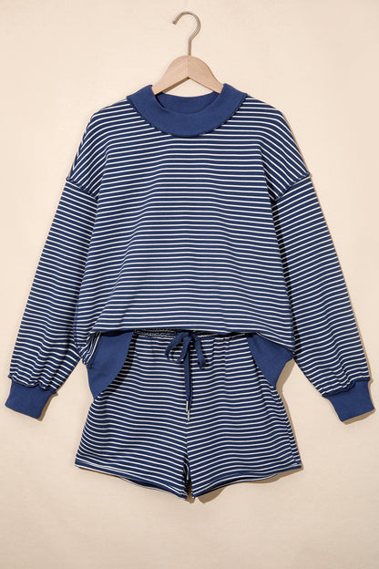 Blue Stripe Ribbed Patchwork Mock Neck Baggy Pullover Matching Shorts Set