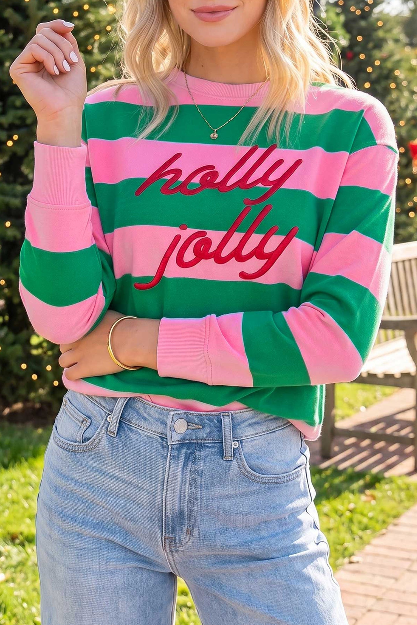 Green Stripe holly jolly Letter Embroidered Pullover Sweatshirt