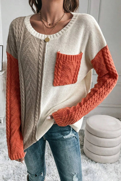 Gold Flame Colorblock Patched Pocket Drop Shoulder Sweater - Chic Meadow Boutique 