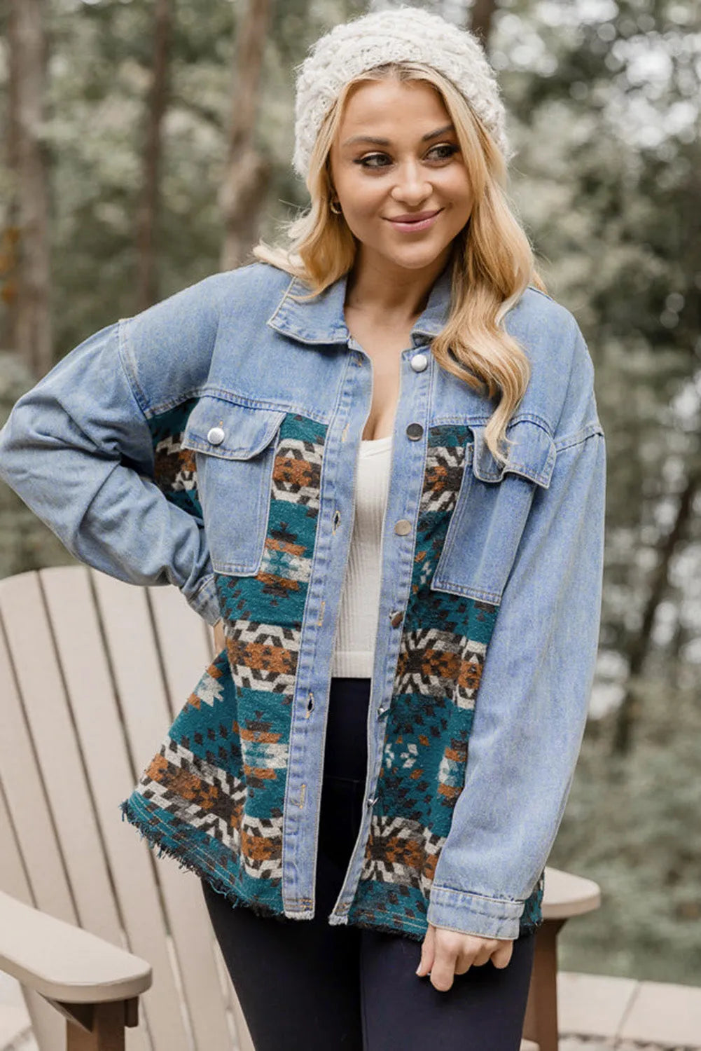 Blue Aztec Printed Denim Jacket - Chic Meadow Boutique 