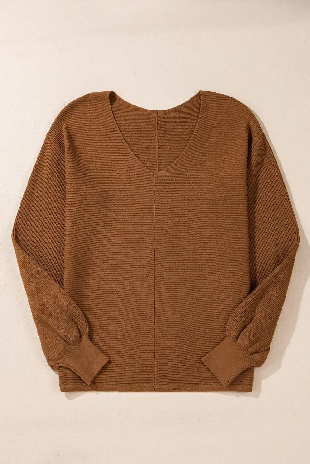 Camel Ribbed Knit Drop Sleeve V Neck Loose Fit Sweater - Chic Meadow Boutique 