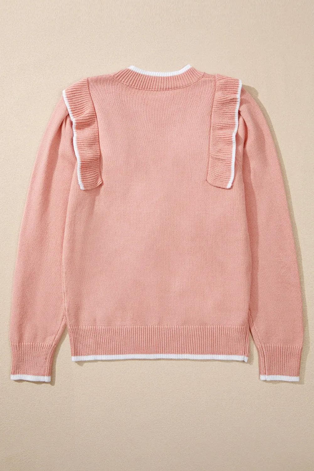 Sweaters & Cardigans/Sweaters Light Pink Ruffled Bowknot Ribbed Trim Long Sleeve Sweater