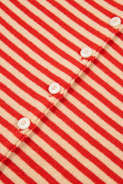 Red Stripe Striped Button Collar Long Sleeve Knit Cardigan