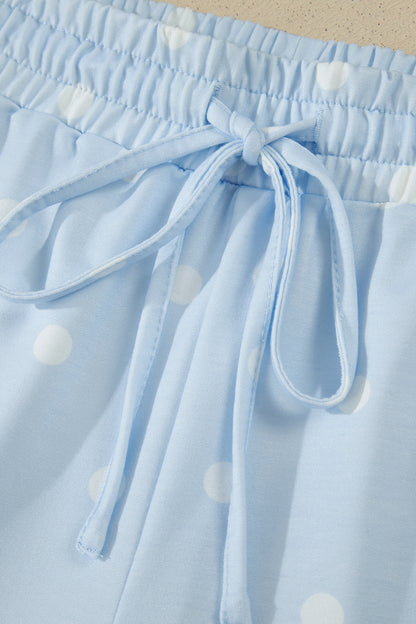 Sky Blue Exposed Seam Detail Polka Dot Loose Tee Drawstring Shorts Set