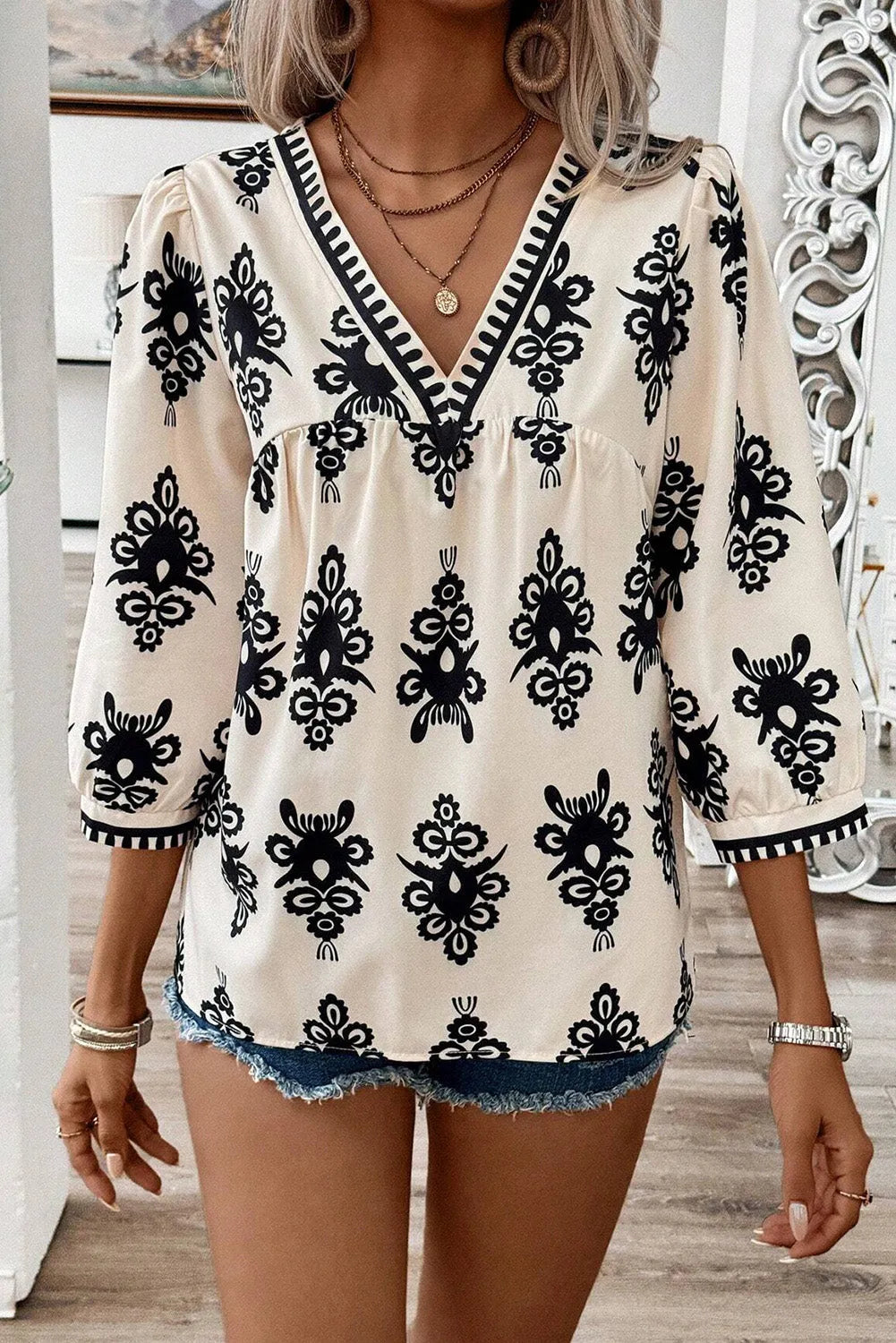 Beige Vintage Geometric Printed 3/4 Sleeve V Neck Blouse - Chic Meadow Boutique 