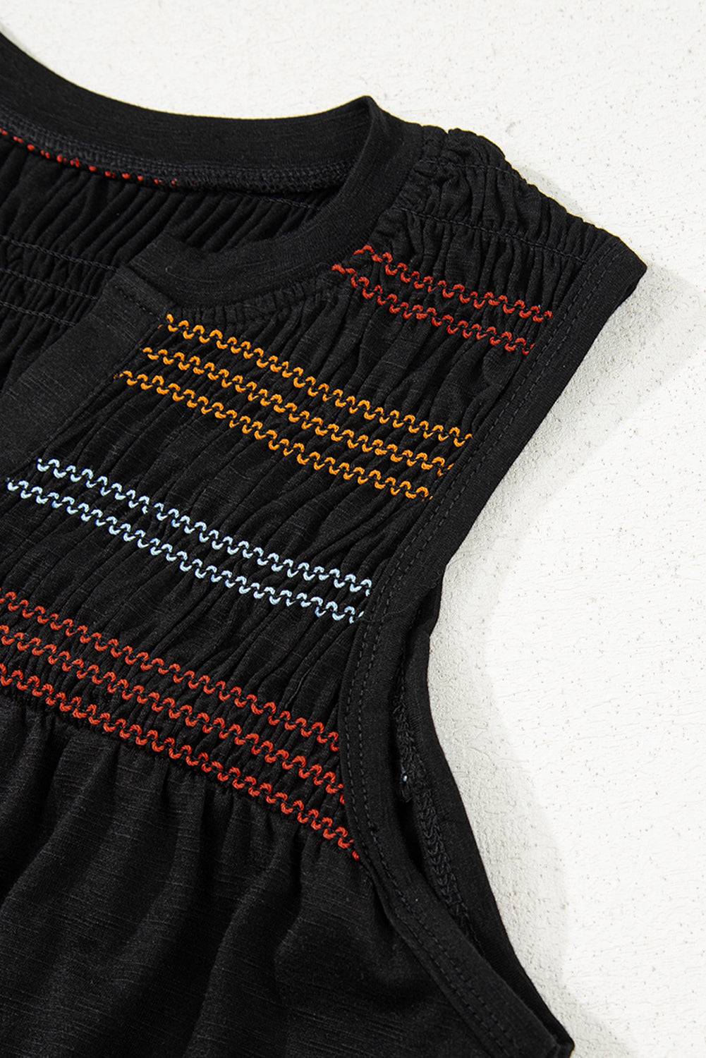 Black Colorful Shirred Yoke Notched V Neck Tank Top