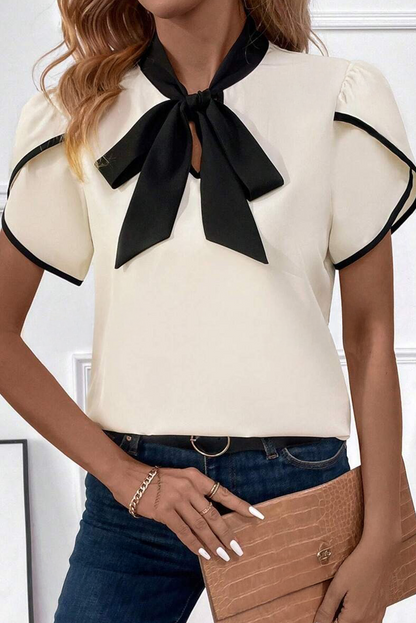 White Bow Knot Neckline Contrast Stripe Short Sleeve Blouse