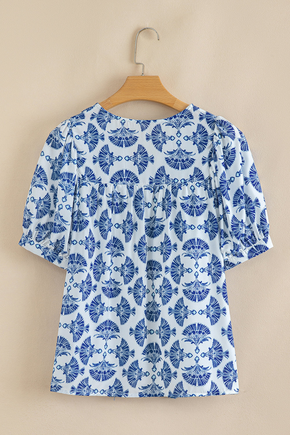 Sky Blue Geometric Print Tassel Drawstring V Neck Blouse