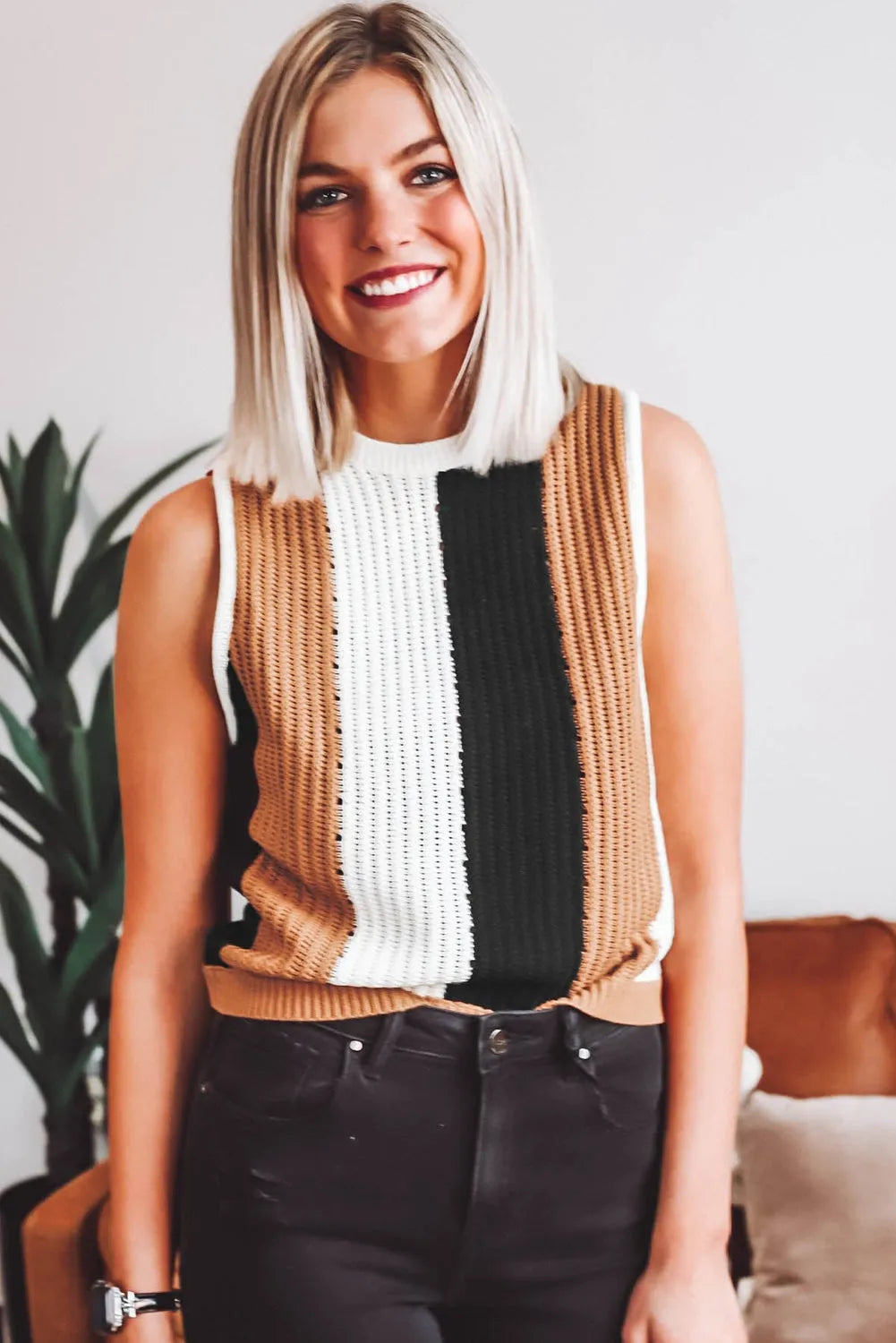 Khaki Stripe Color Block Sleeveless Knitted Sweater Vest - Chic Meadow Boutique 