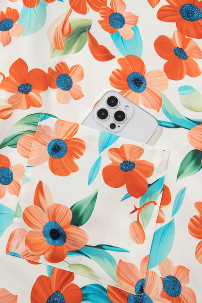 Orange Contrast Trim Floral Split Neck Puff Short Sleeve Tiered Mini Dress