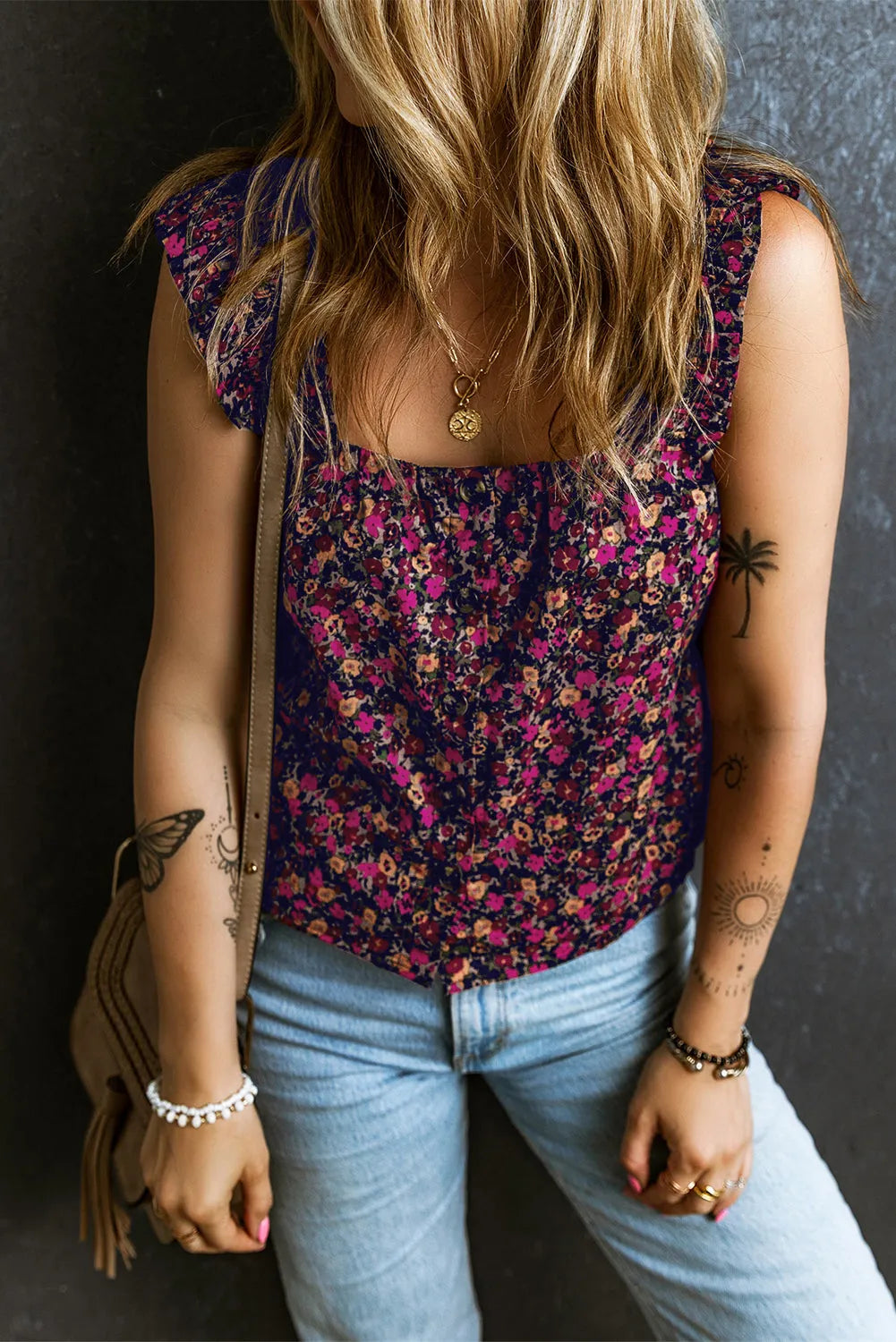 Rose Boho Frilled Straps Floral Tank Top - Chic Meadow Boutique 