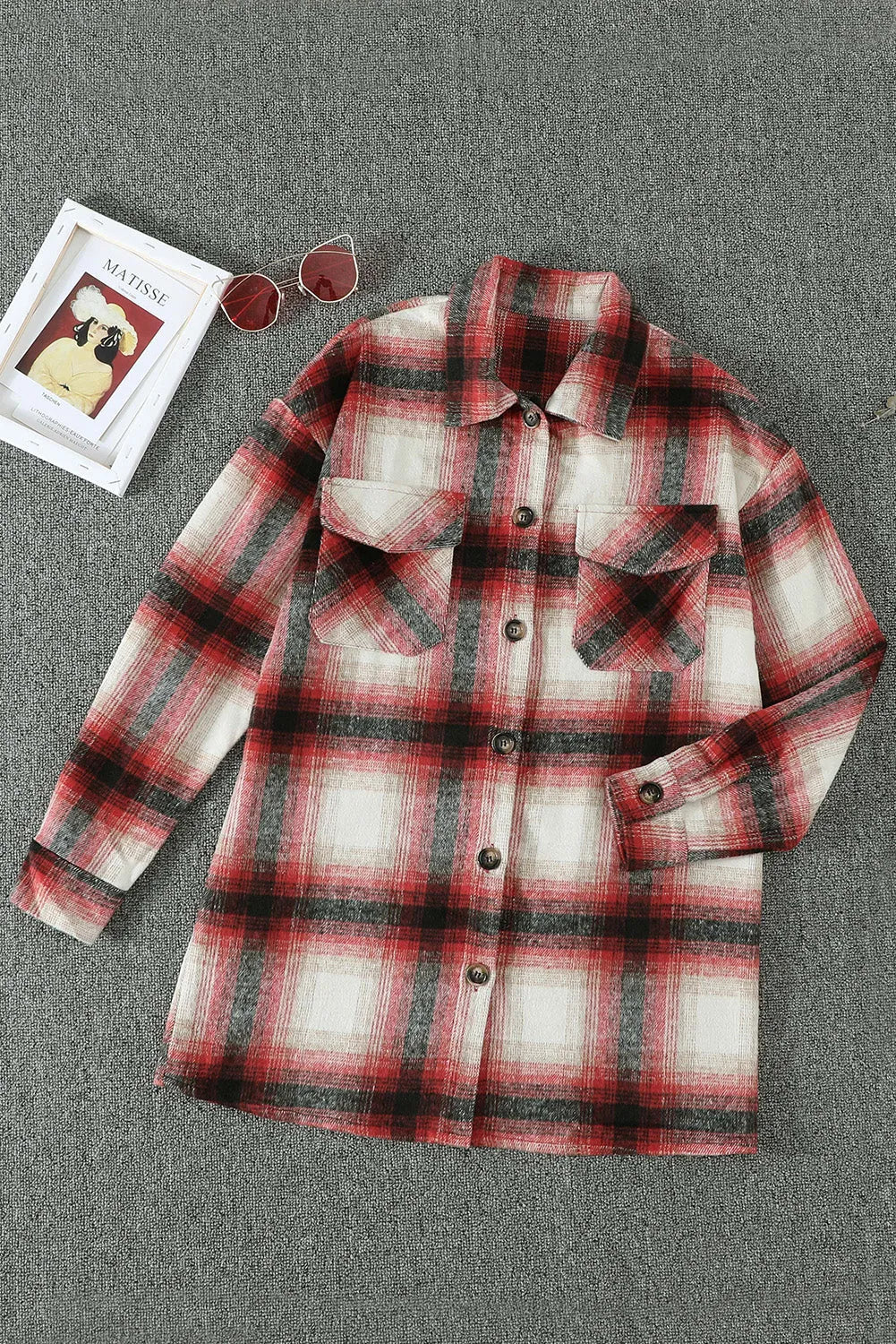 Red Turn down Neck Plaid Pocket Button Closure Coat - Chic Meadow Boutique 