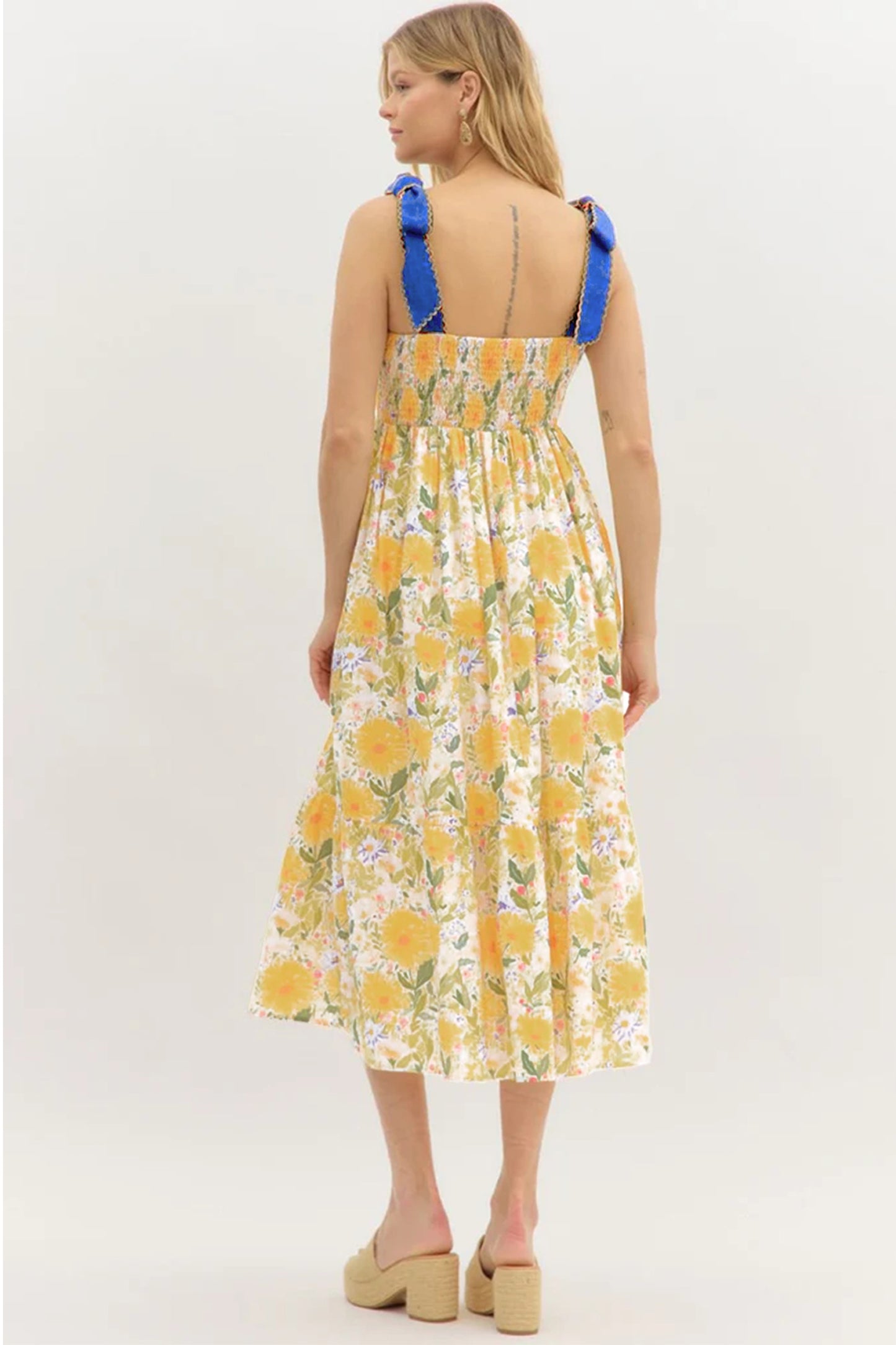 Yellow Floral Print Contrast Stitched Knot Denim Straps High Waist Dress