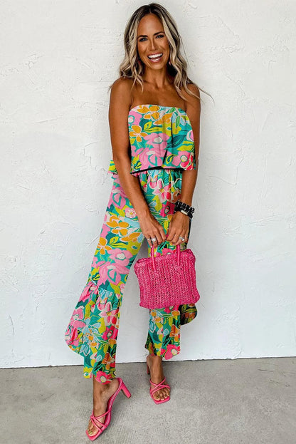 Bottoms/Jumpsuits & Rompers Green Mix Tropical Print Strapless Ruffled Jumpsuit