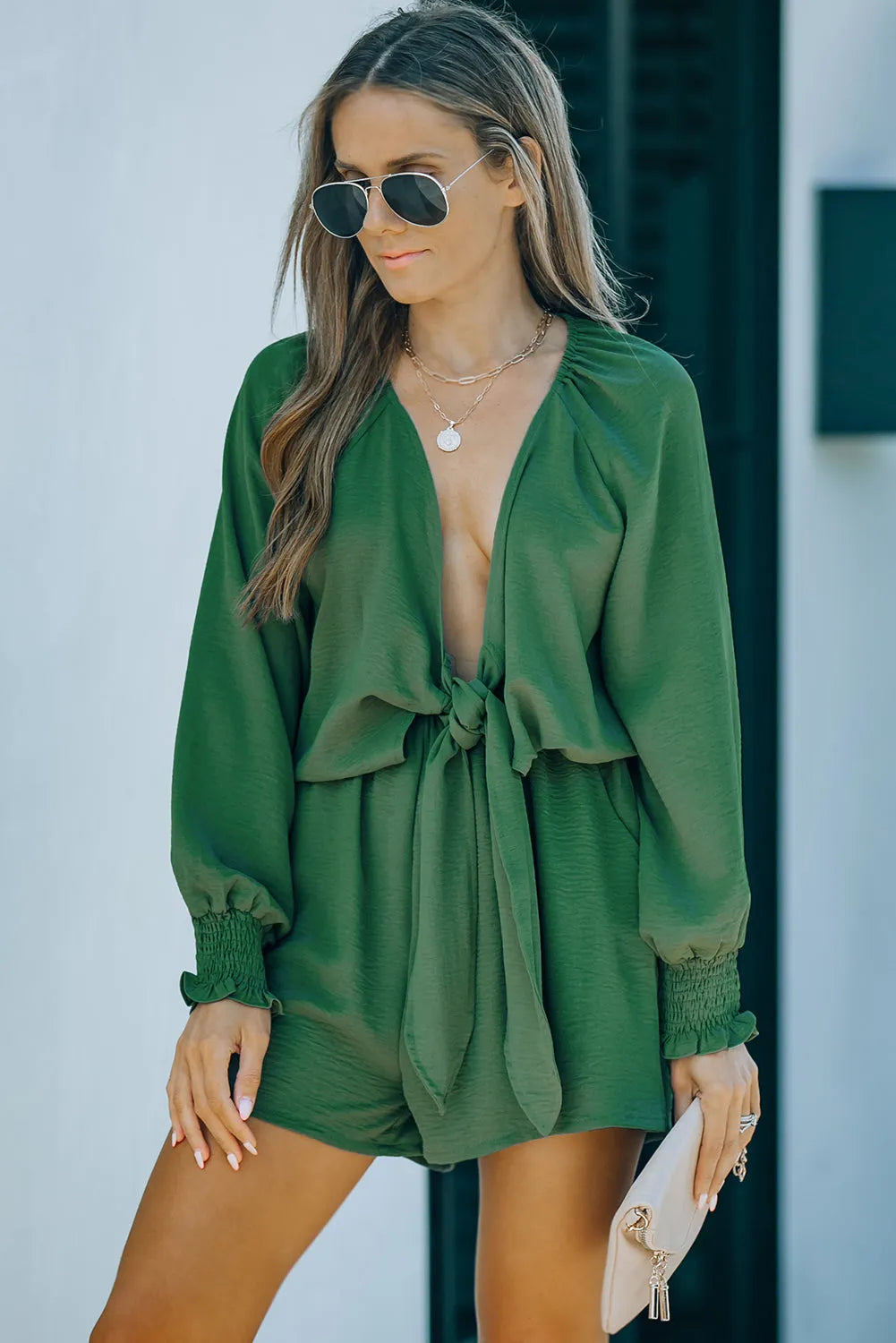 Green Tie Knot Puff Long Sleeve Romper - Chic Meadow Boutique 