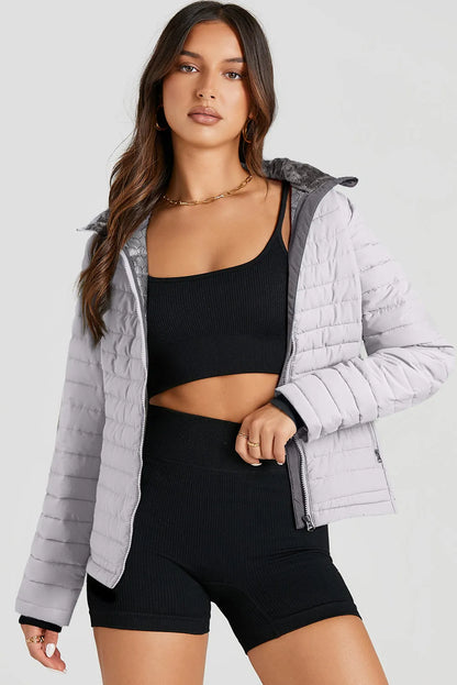 Silvery Solid Color Quilted Zip-up Puffer Jacket - Chic Meadow Boutique 