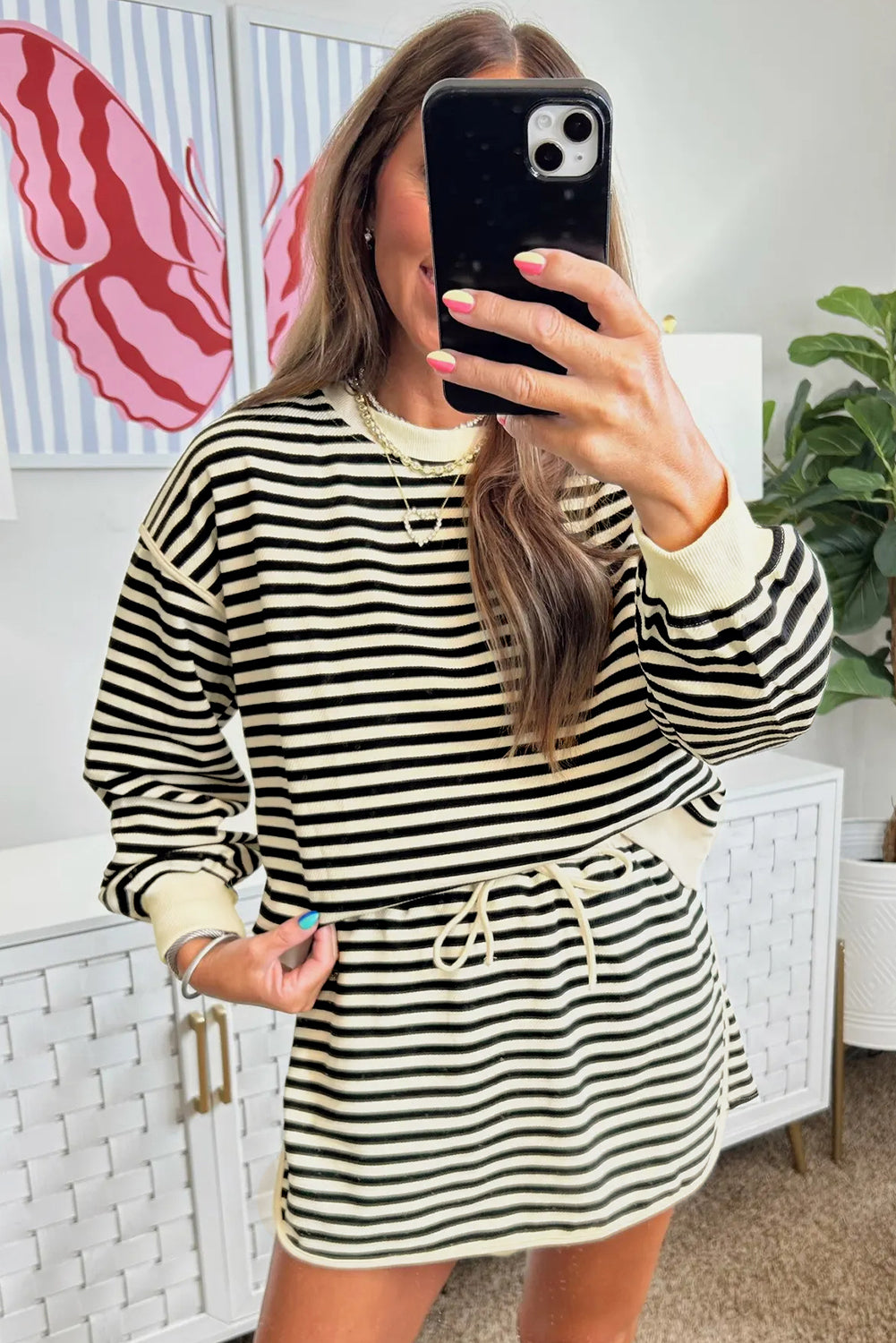 Black Stripe Textured Drop Shoulder Pullover Top Drawstring Mini Skirt Two Piece Dress Set