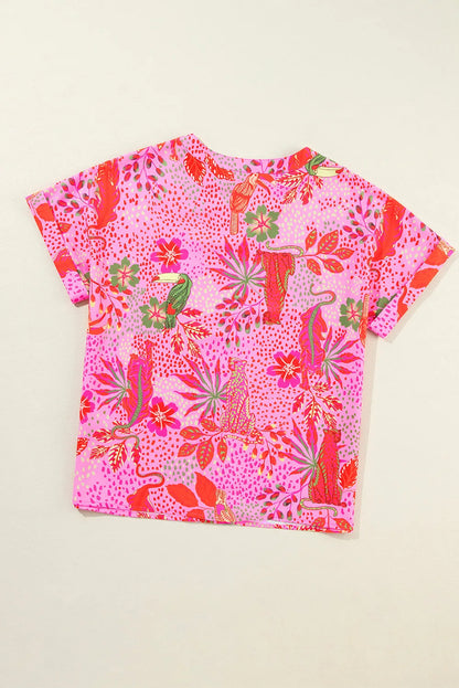 Rose Jungle Floral Print Notch V Neck Blouse - Chic Meadow Boutique 