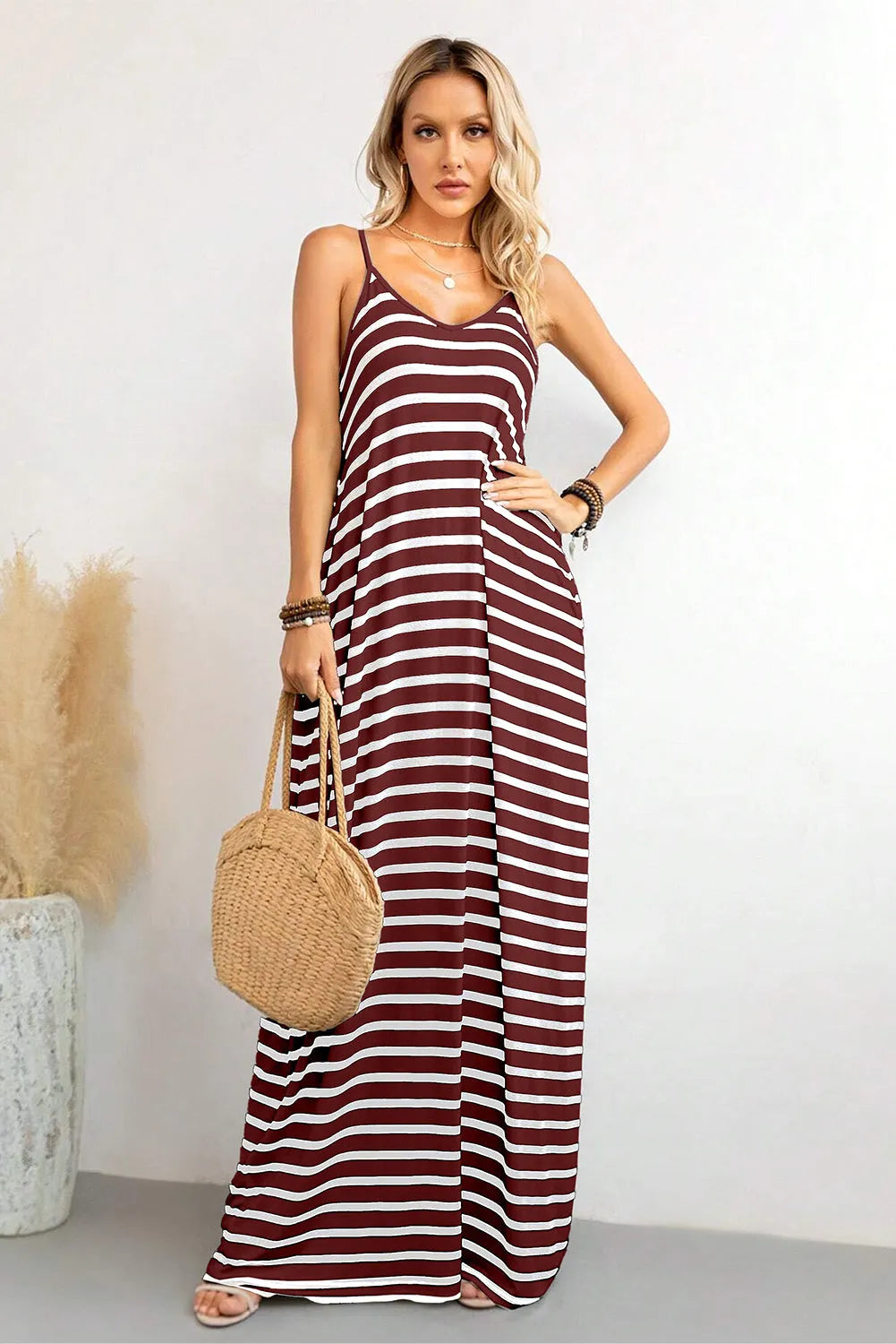 Red Stripe Side Pockets Spaghetti Straps Maxi Dress - Chic Meadow Boutique 