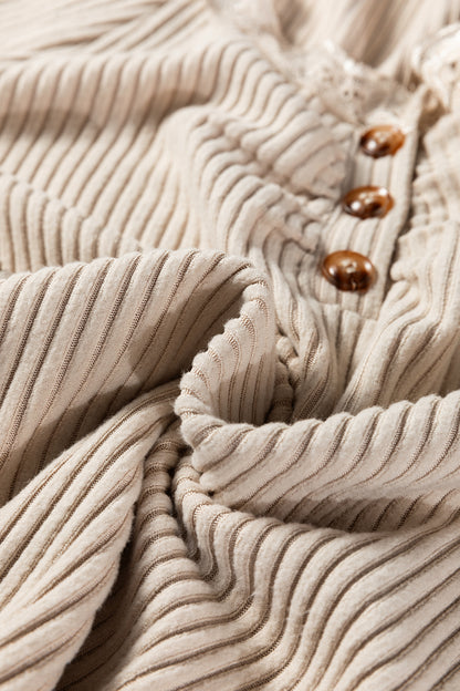Beige Lace Neckline Button Decor Lettuce Edge Long Sleeve Ribbed Top